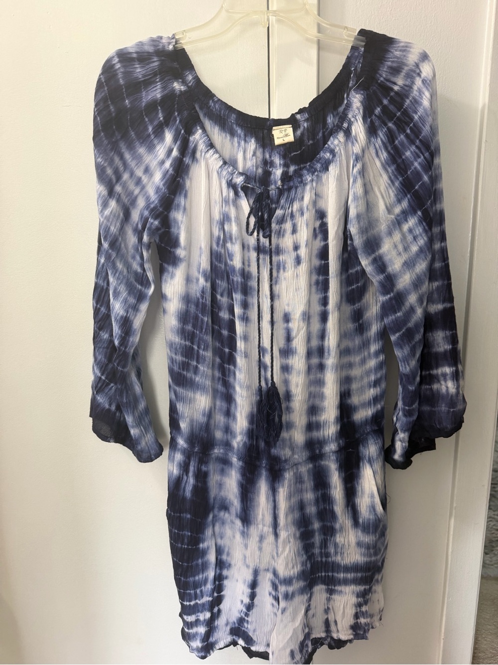 Rivieras Navy and White Tie-Dye Peasant Tunic
